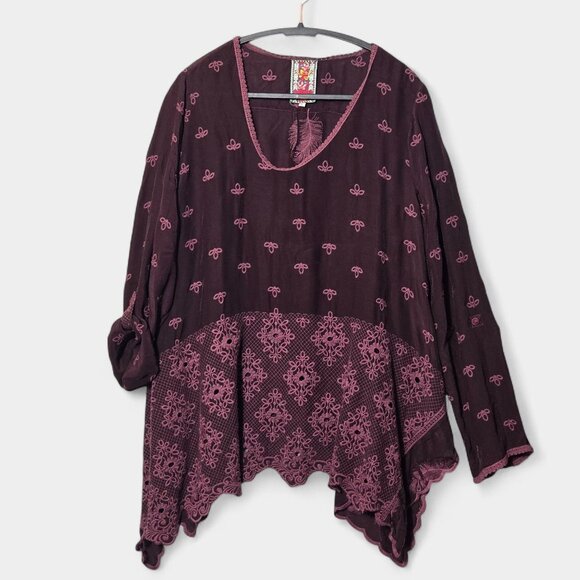 Johnny Was Tops - Johnny Was Crochet Eyelet Oversized Tunic Purple Feathers L Romantic Goth Boho